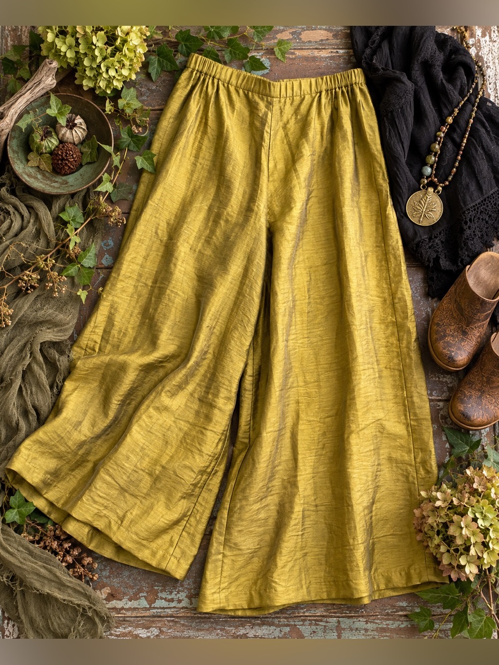 Vintage CTC Carol Turner Collection XL Chartreuse Gold Wide Leg Pants